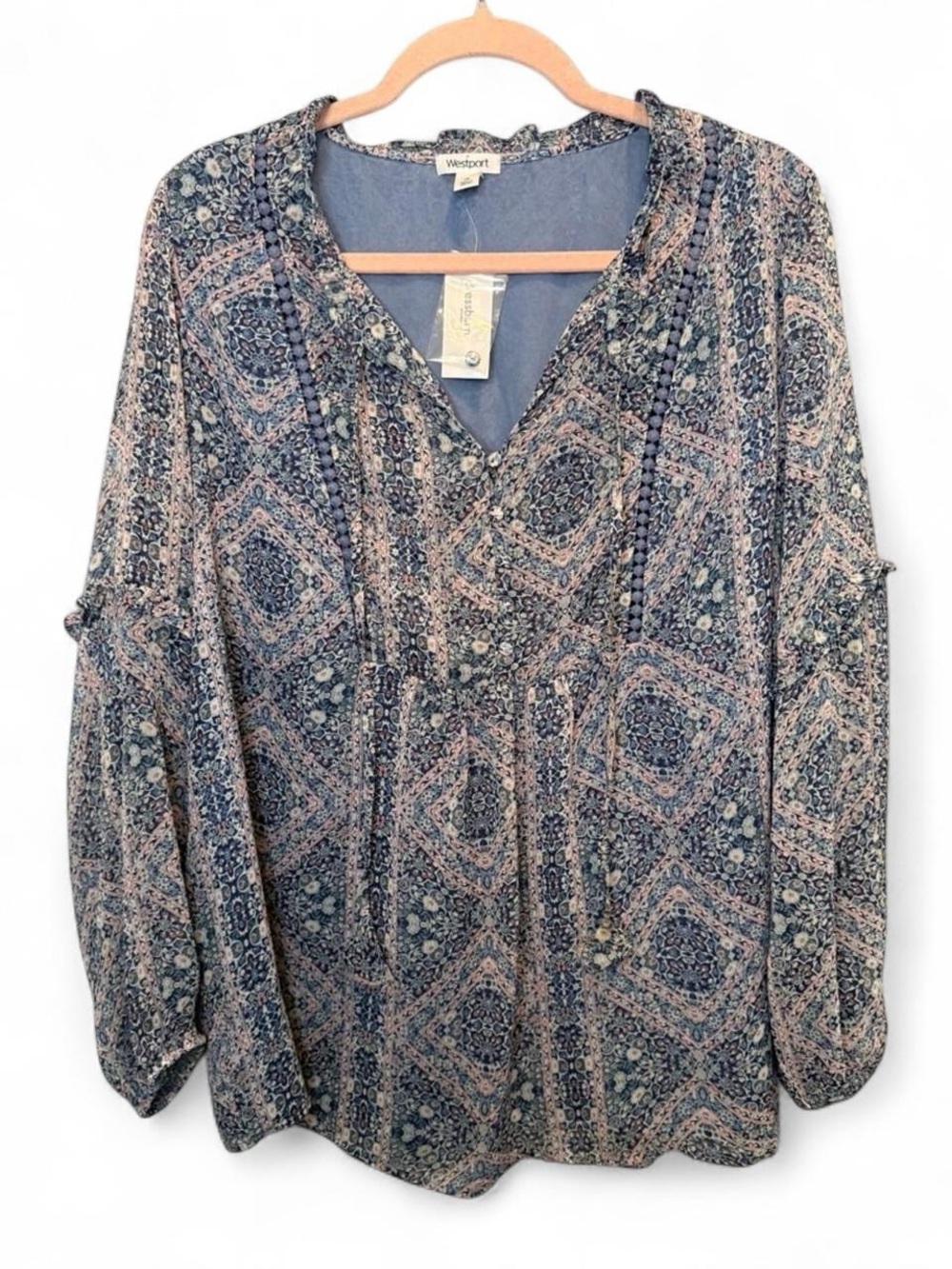 NWT Westport Dressbarn Blue Pink Paisley V Neck Peasant Blouse 1x Cottagecore